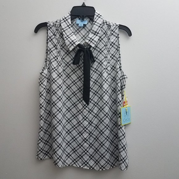 CeCe Tops - CeCe Cynthia Steffe Plaid Pintuck Tie Neck Sz Med